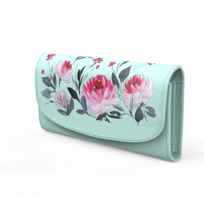 Blue Faux Leather Flap Wallet with Pink Floral Art - Zwende