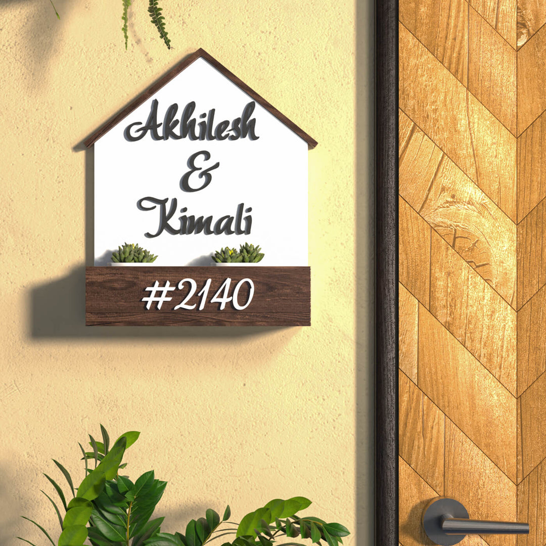 House Shaped Planter Nameboard For Couples - Mounted on Wall Near Door