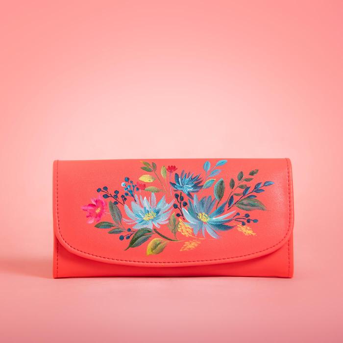 Pink Flap Wallet with Blue Floral Artwork
