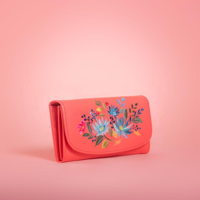 Pink Flap Wallet with Blue Floral Artwork