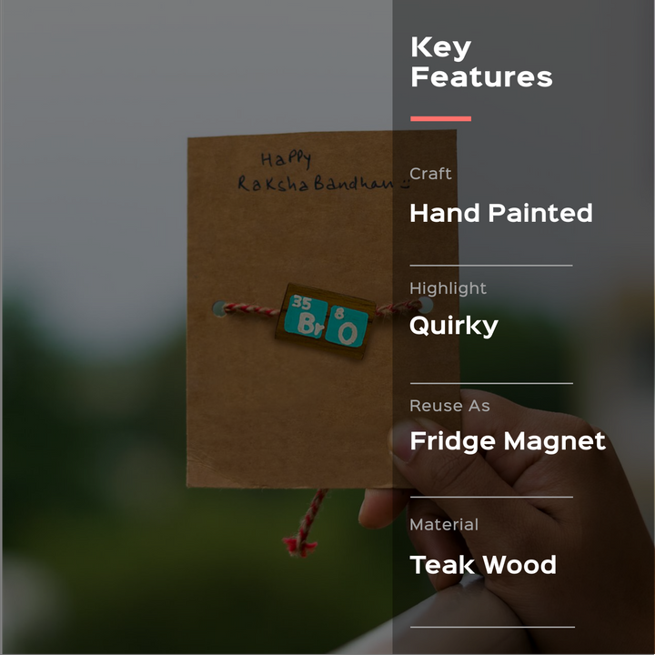 Handpainted Wooden Rakhi Bro - Key Features Text Overlay