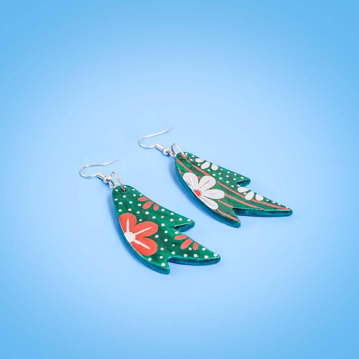 Paper Mache Earrings - Green Leaf