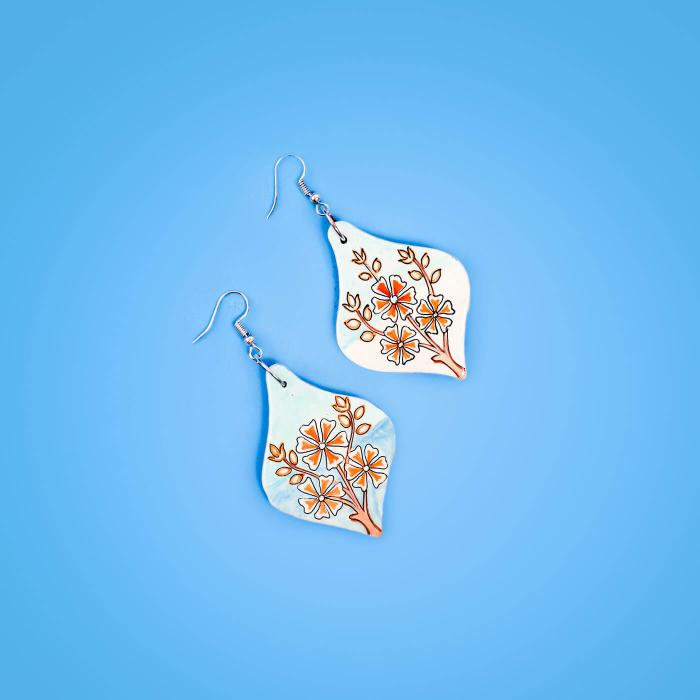 Paper Mache Earrings - Blue Rhomboid Leaf