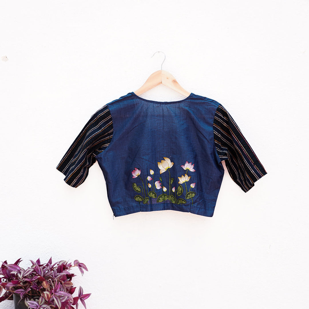 Unstiched Blouse Pieces - Blue with Lotus Stem