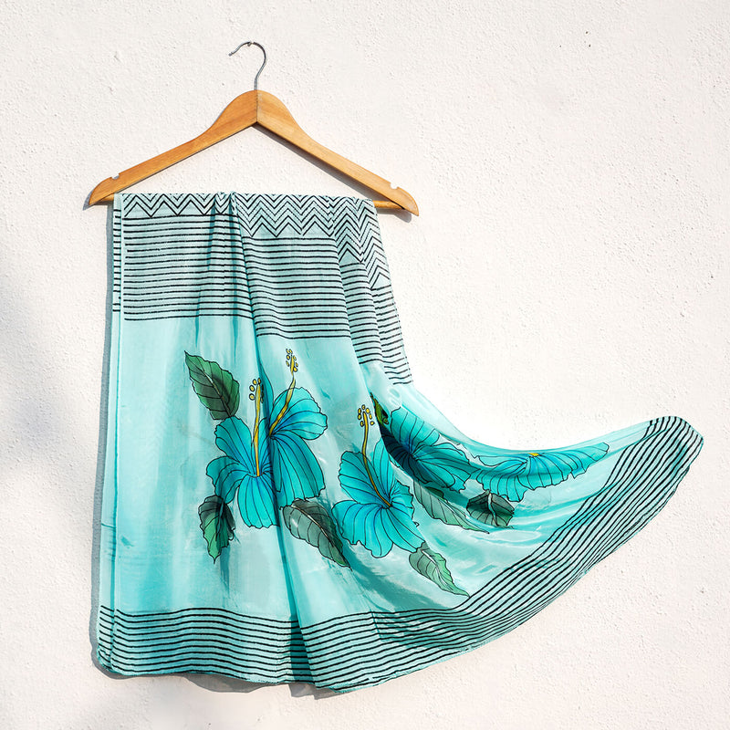 Handpainted and Handblocked Silk Dupatta - Blue Hibiscus