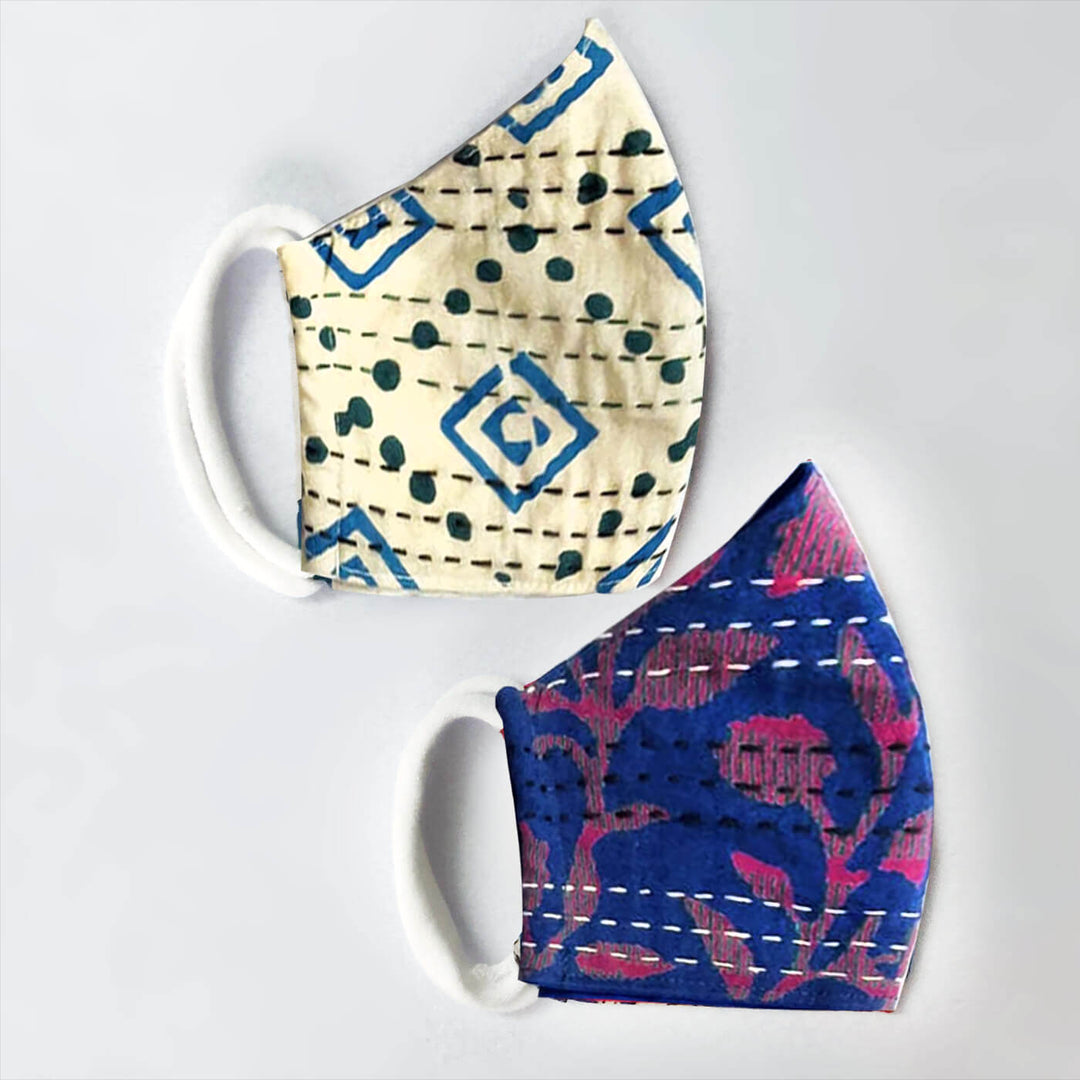 Kantha Print Fabric Masks - Set of 2 - Blue, Blue-White