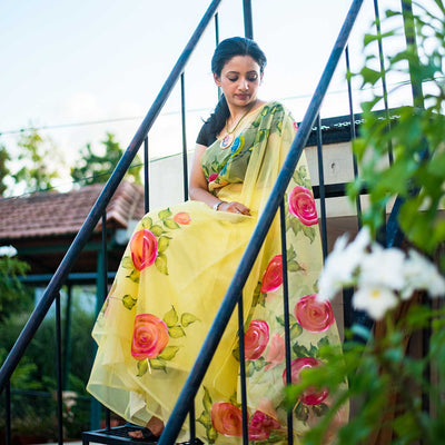 Bright Yellow Hand-painted Floral Sarees - Pink Rose with Birds