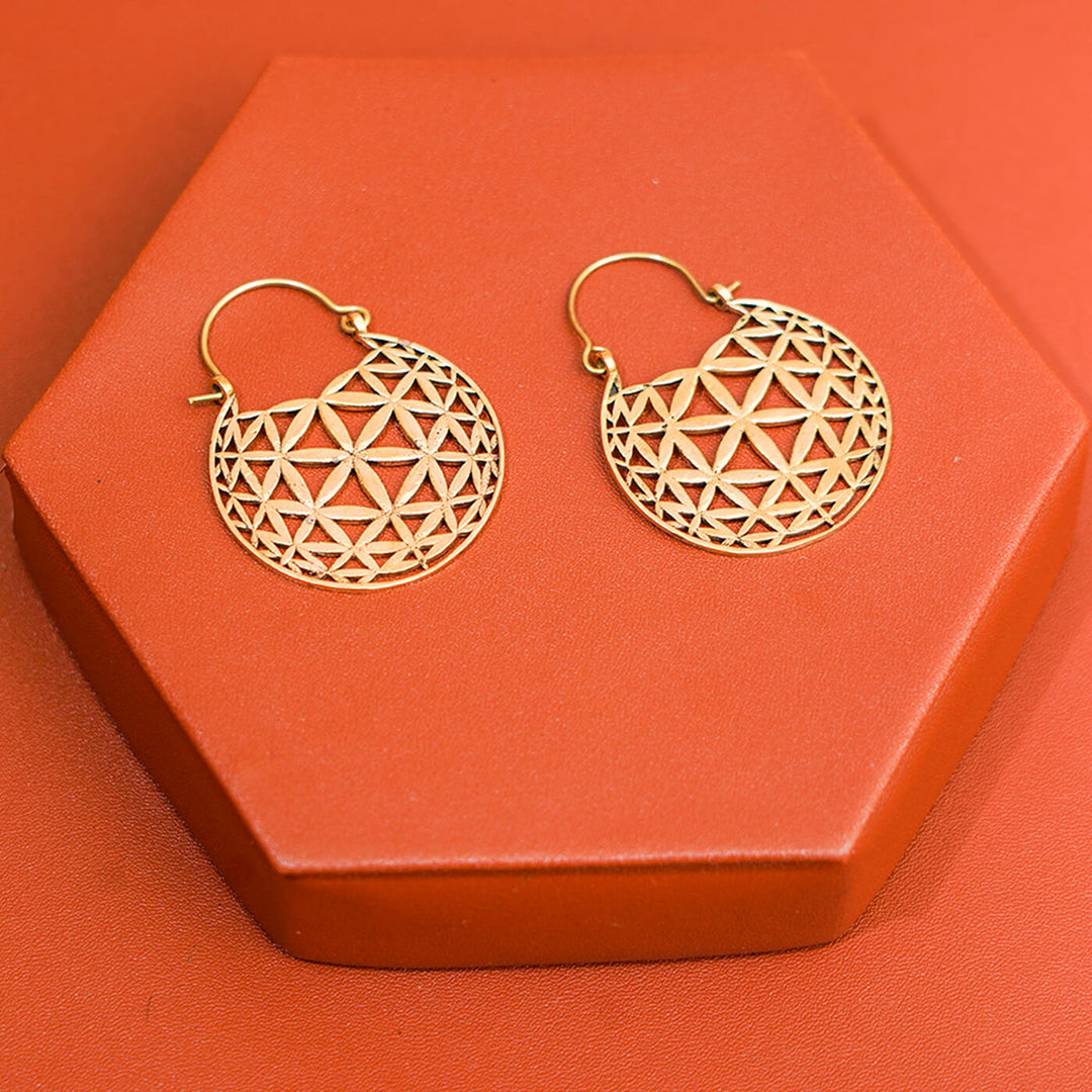 Handmade Brass Modern Hoop Earrings - Floral Pattern