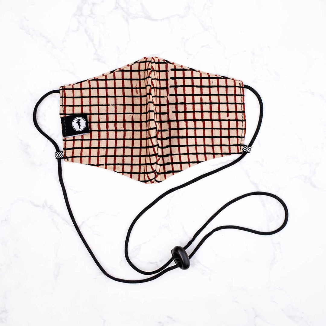 Checks Pattern Plain Fabric Mask With Adjustable Ear Loops In Beige