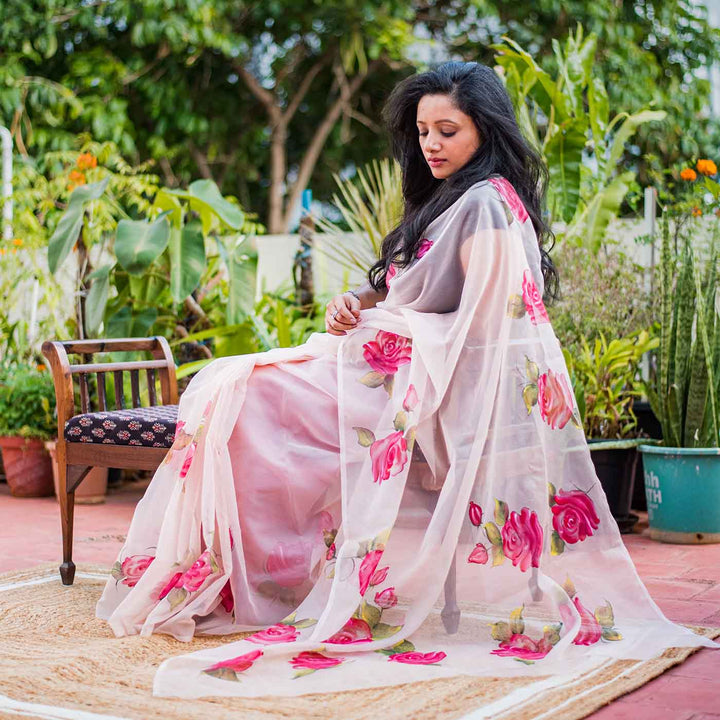 Hand-painted Floral Saree - Pink Rose