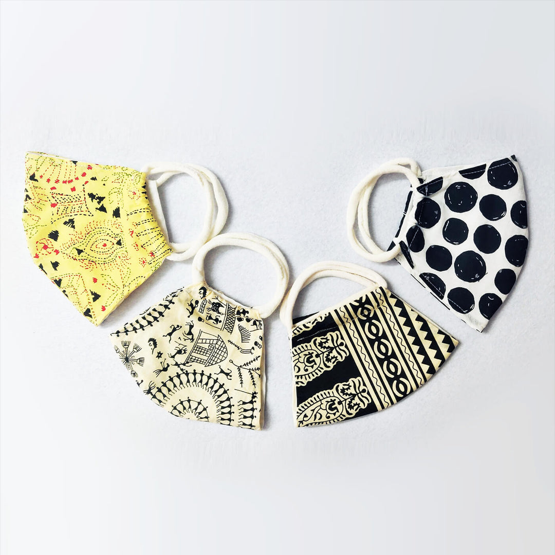 Warli & Polka Print Fabric Masks - Set of 4