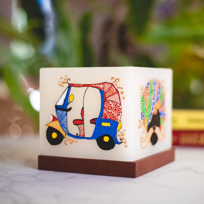 Medium Cuboid Hollow Candle with Colorful Auto and Pagadi Man Artwork