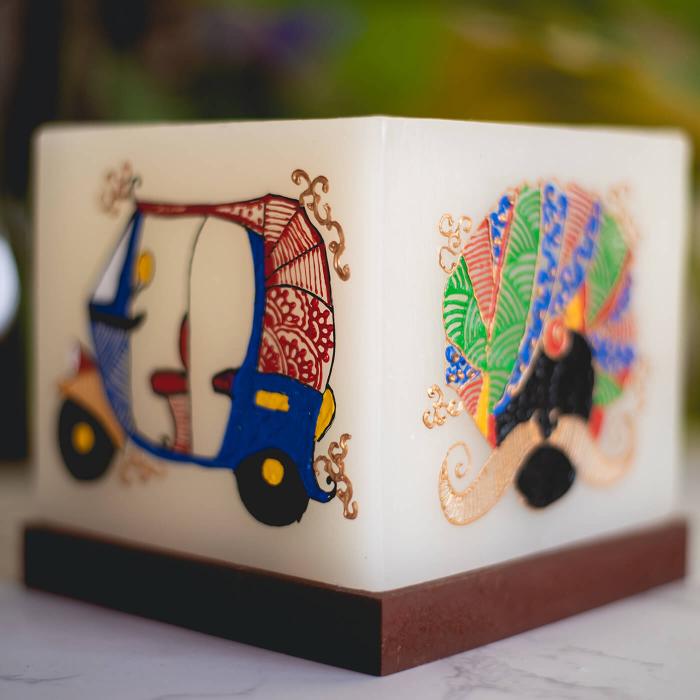Medium Cuboid Hollow Candle with Colorful Auto and Pagadi Man Artwork