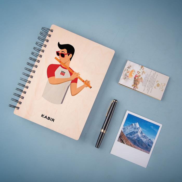 Personalized Color Printed Flutist in Red Diary - B6 - The Indian Raga Collection