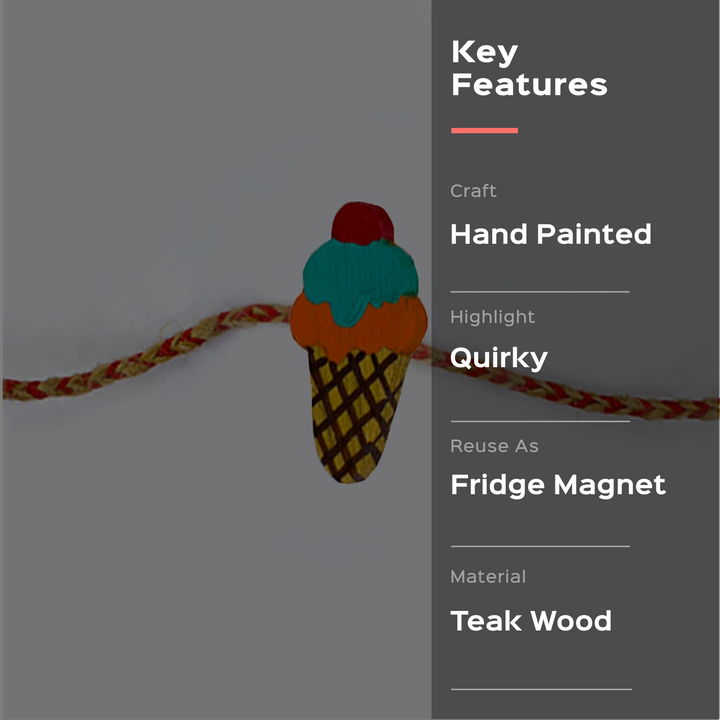 Handpainted Wooden Rakhi Icecream - Key Features Text Overlay