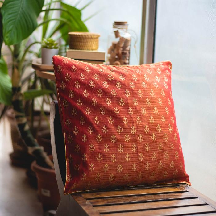 Hand-block Printed Red Kota Festive Cushion Cover - 40 x 40 cm