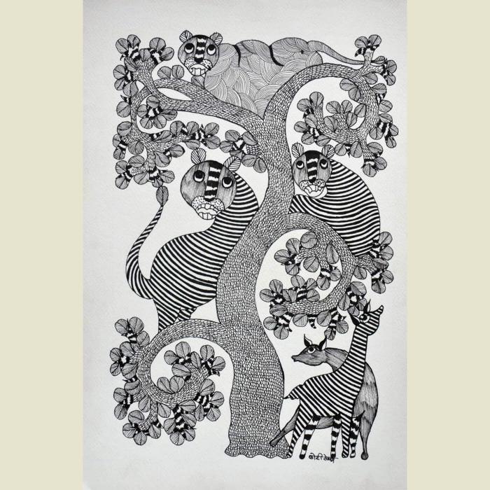 Baagh aur Mrag - 2x3 ft Gond Painting 64