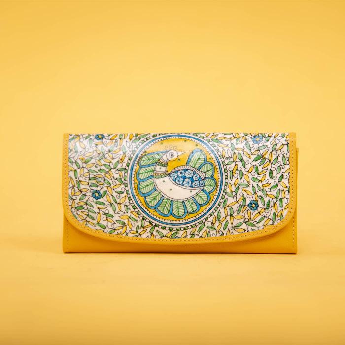 Mustard Yellow Wallet with Peacock Art