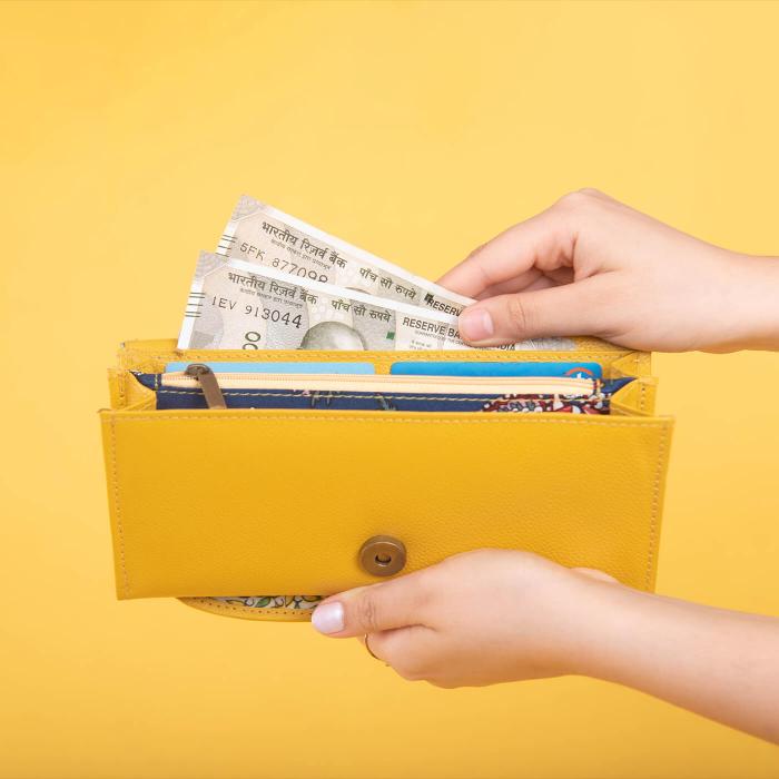 Mustard Yellow Wallet with Peacock Art