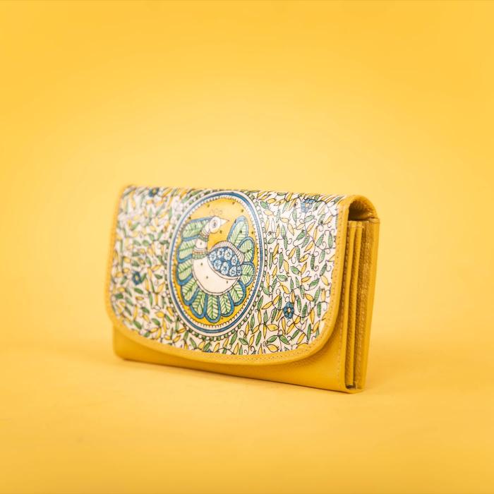 Mustard Yellow Wallet with Peacock Art