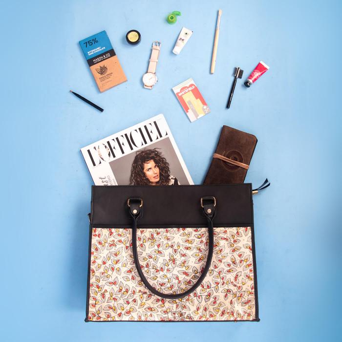 Black Laptop Tote with Foliage Artwork