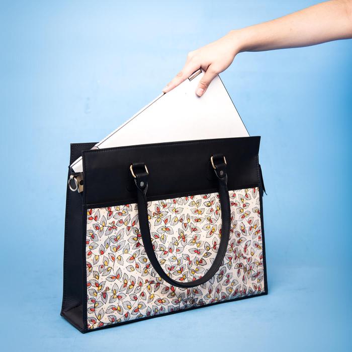 Black Laptop Tote with Foliage Artwork