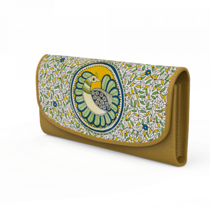 Mustard Yellow Wallet with Peacock Art