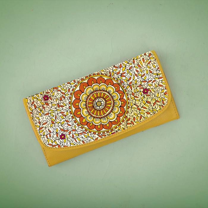 Yellow Leather Wallet with Ocean Flower Artwork