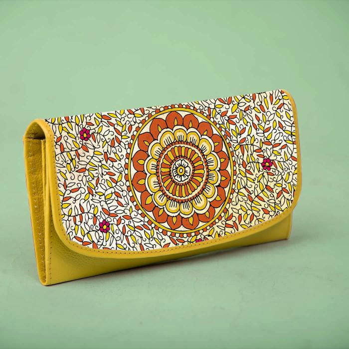 Yellow Leather Wallet with Ocean Flower Artwork