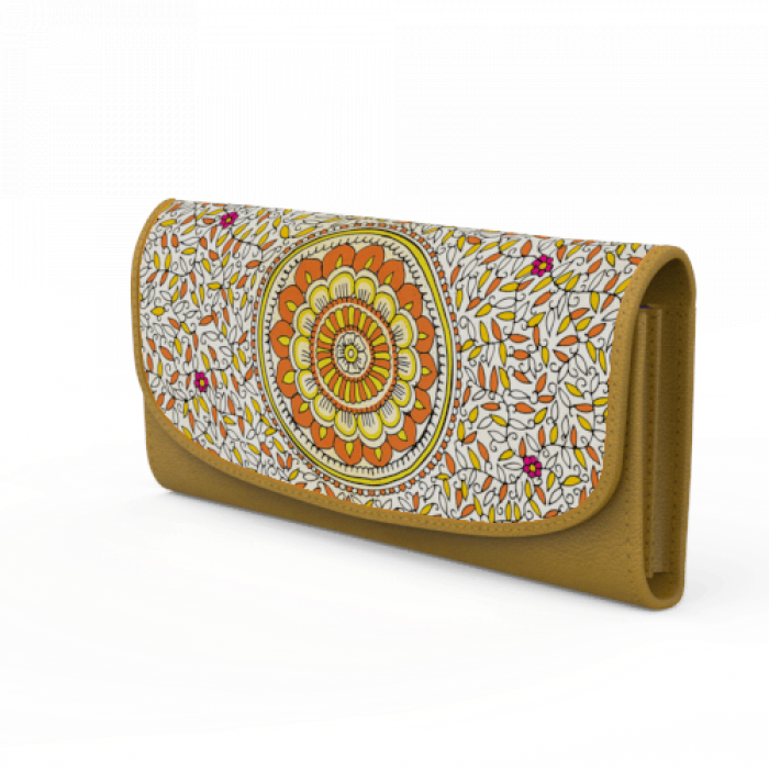 Yellow Leather Wallet with Ocean Flower Artwork