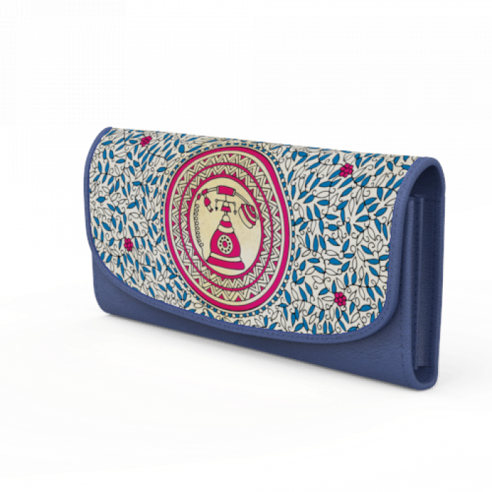 Blue Flap Wallet with Vintage Phone Artwork