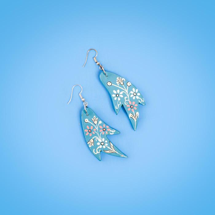 Paper Mache Earrings - Blue Leaf - Zwende