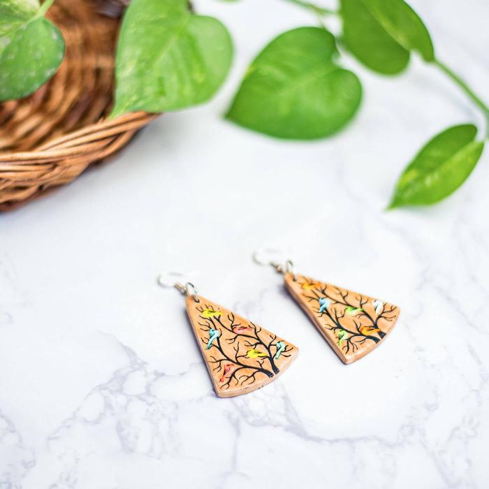 Paper Mache Earrings - Cone with Birds - Peach