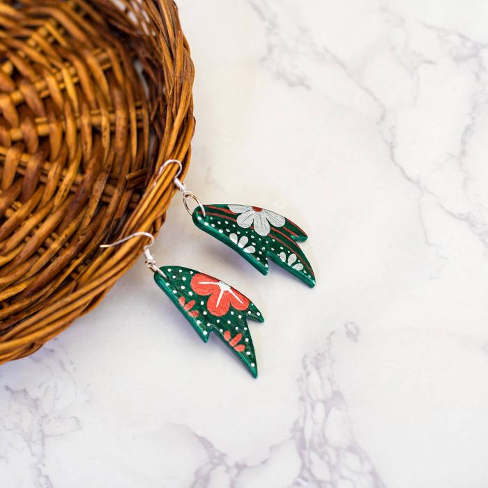 Paper Mache Earrings - Green Leaf