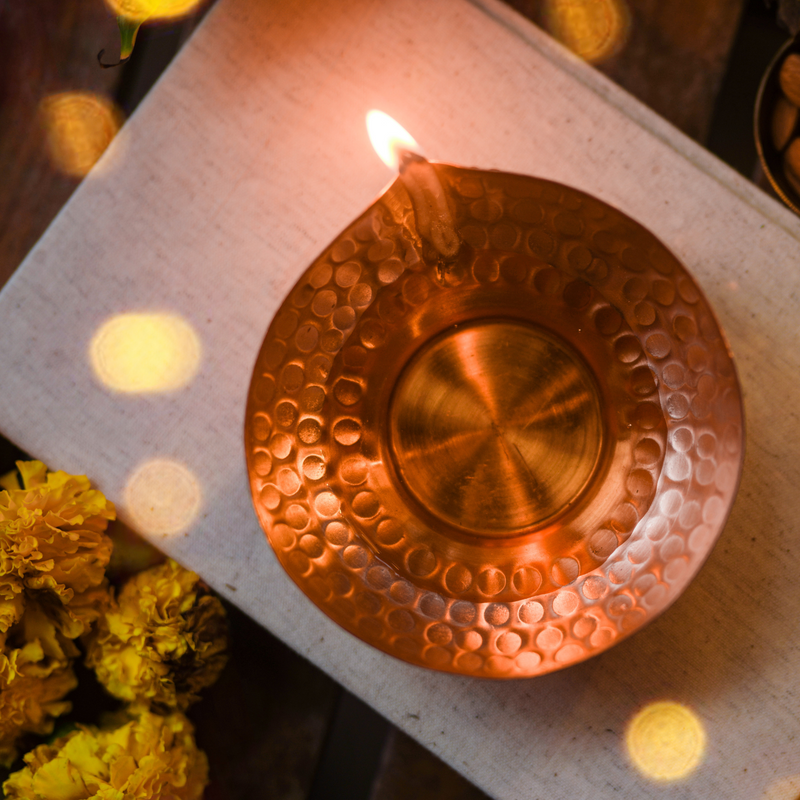 Handcrafted Pure Copper Hammered Diya - Set of 2 - Large