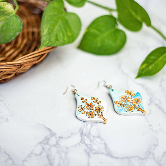 Paper Mache Earrings - Blue Rhomboid Leaf
