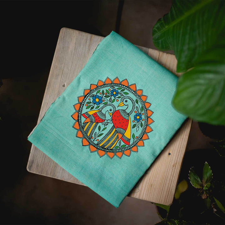 Green Unstitched Peacock Artwork Blouse Piece