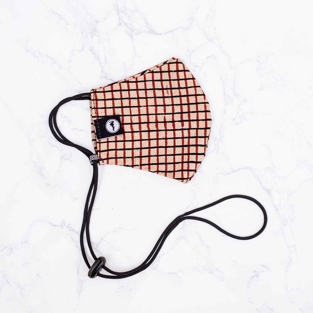 Checks Pattern Plain Fabric Mask With Adjustable Ear Loops In Beige