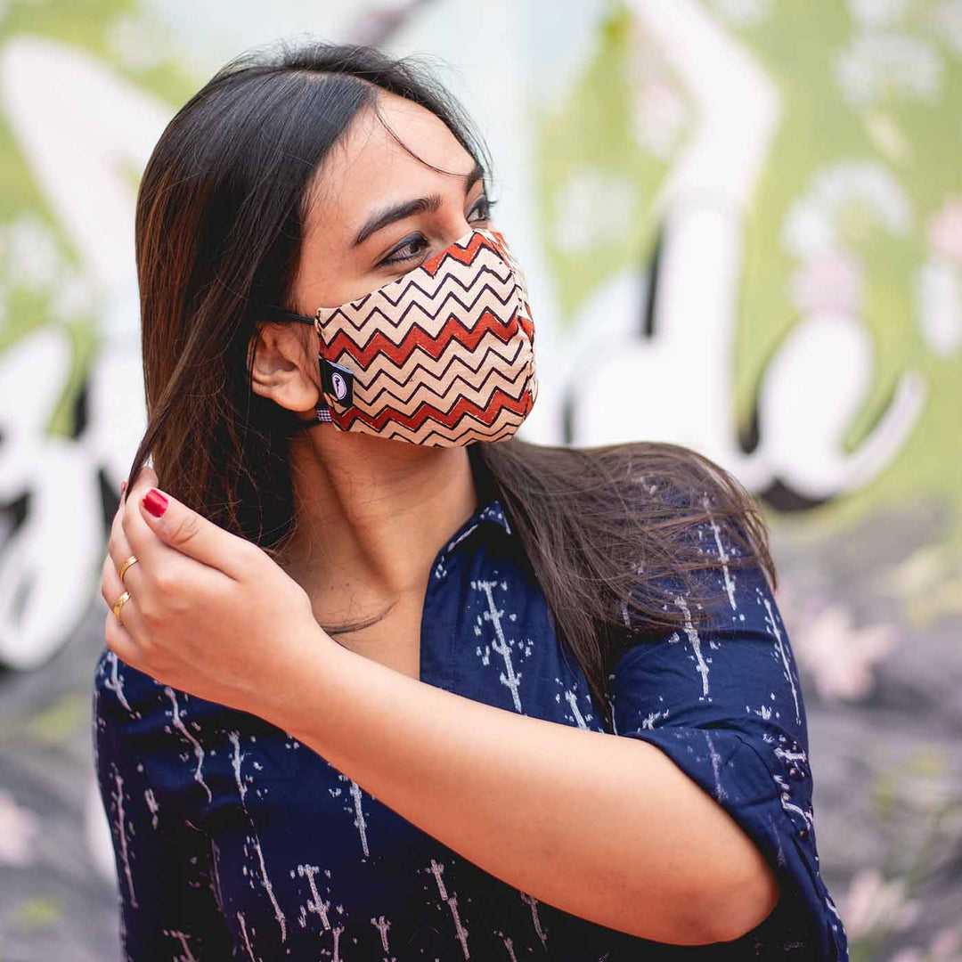 Zigzag Pattern Plain Fabric Mask With Adjustable Ear Loops