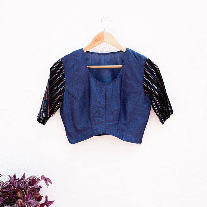 Unstiched Blouse Pieces - Blue with Lotus Stem