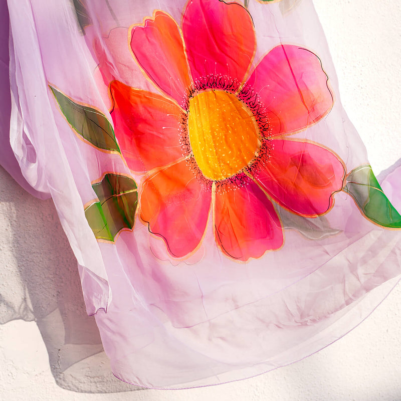 Handpainted Organza Dupatta - Red Daisy