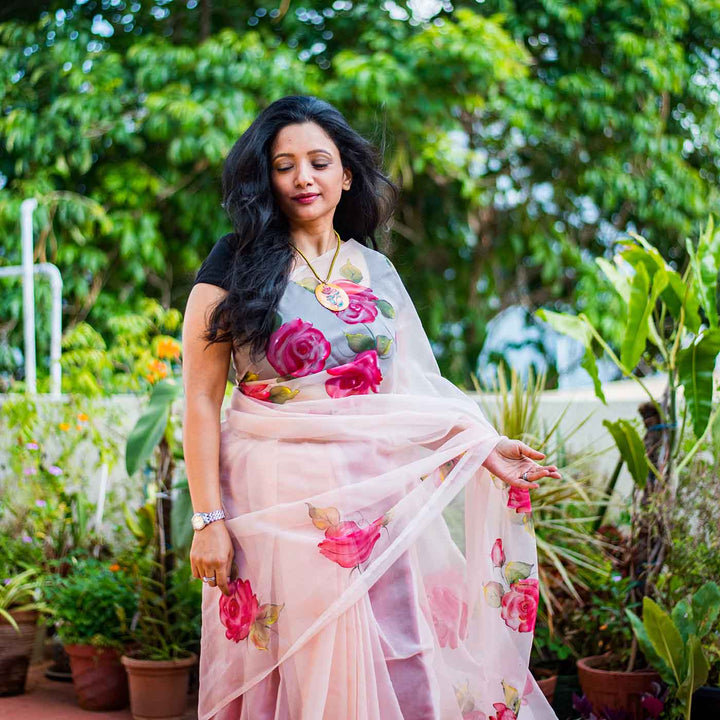 Hand-painted Floral Saree - Pink Rose