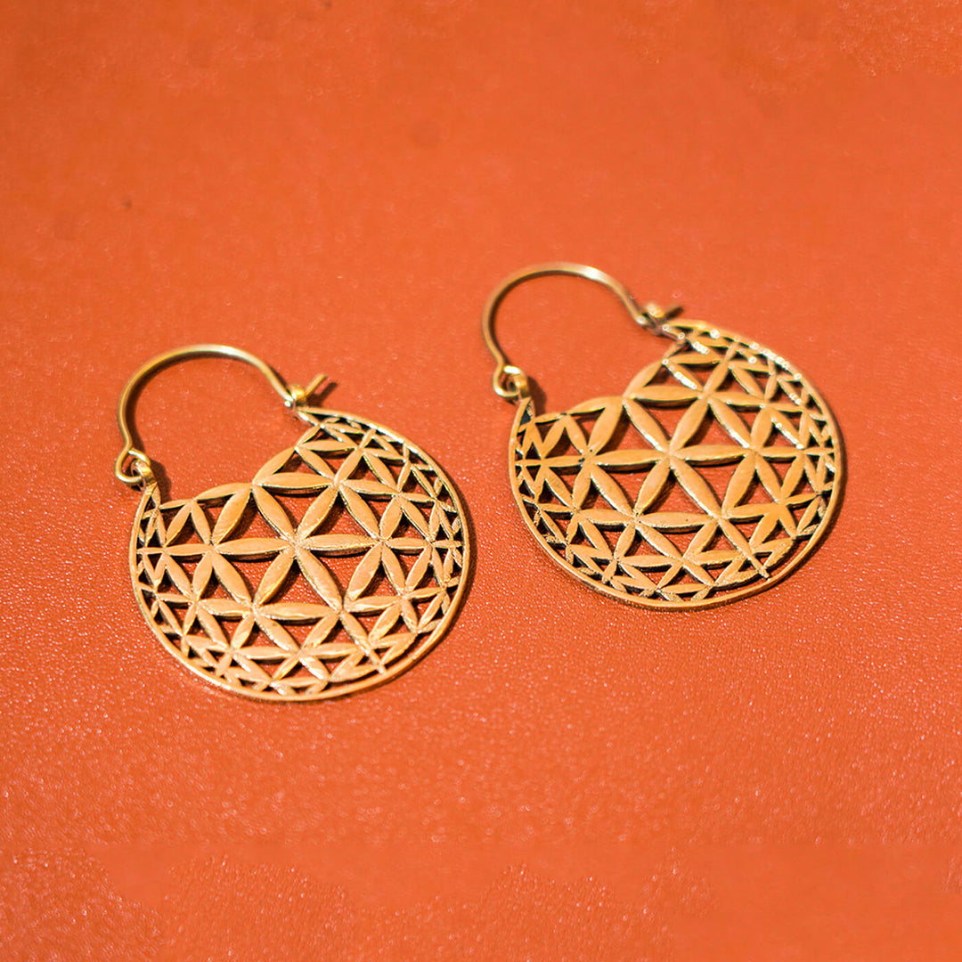 Handmade Brass Modern Hoop Earrings - Floral Pattern