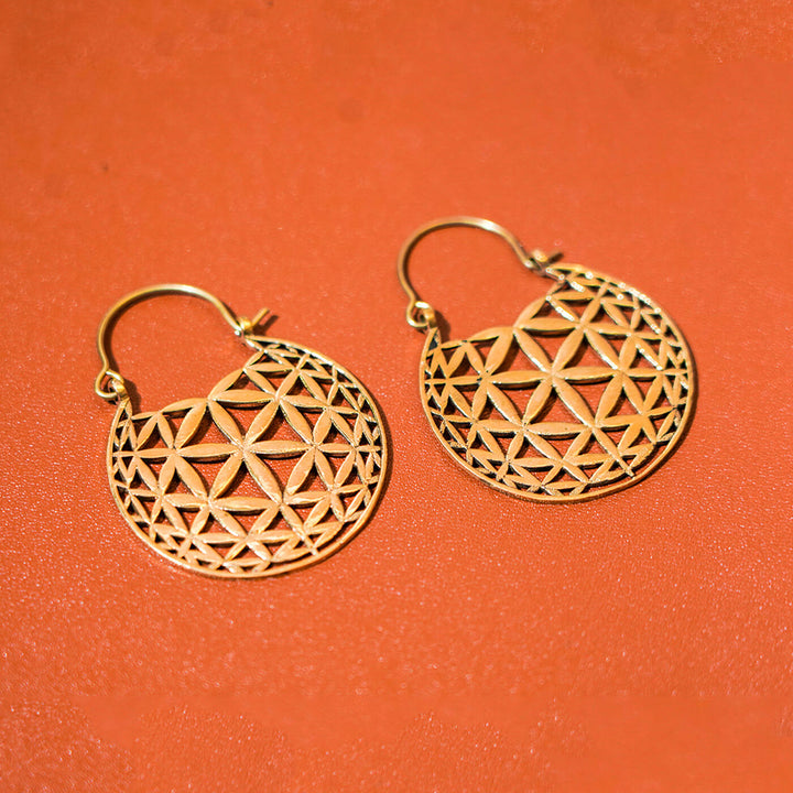 Handmade Brass Modern Hoop Earrings - Floral Pattern