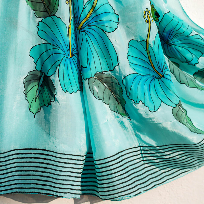 Handpainted and Handblocked Silk Dupatta - Blue Hibiscus