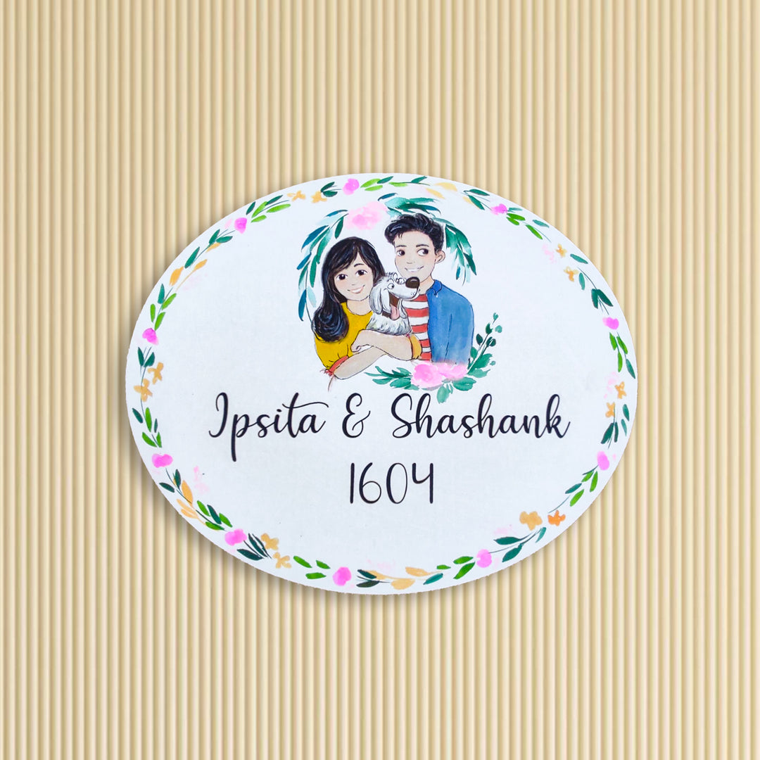 Oval Hand-painted Character Nameboard with Pets