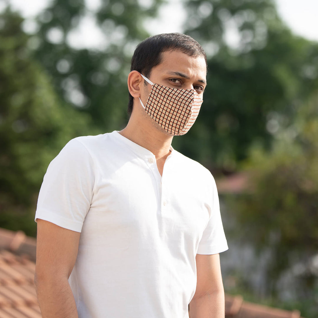 Checkered Beige Plain Fabric Mask