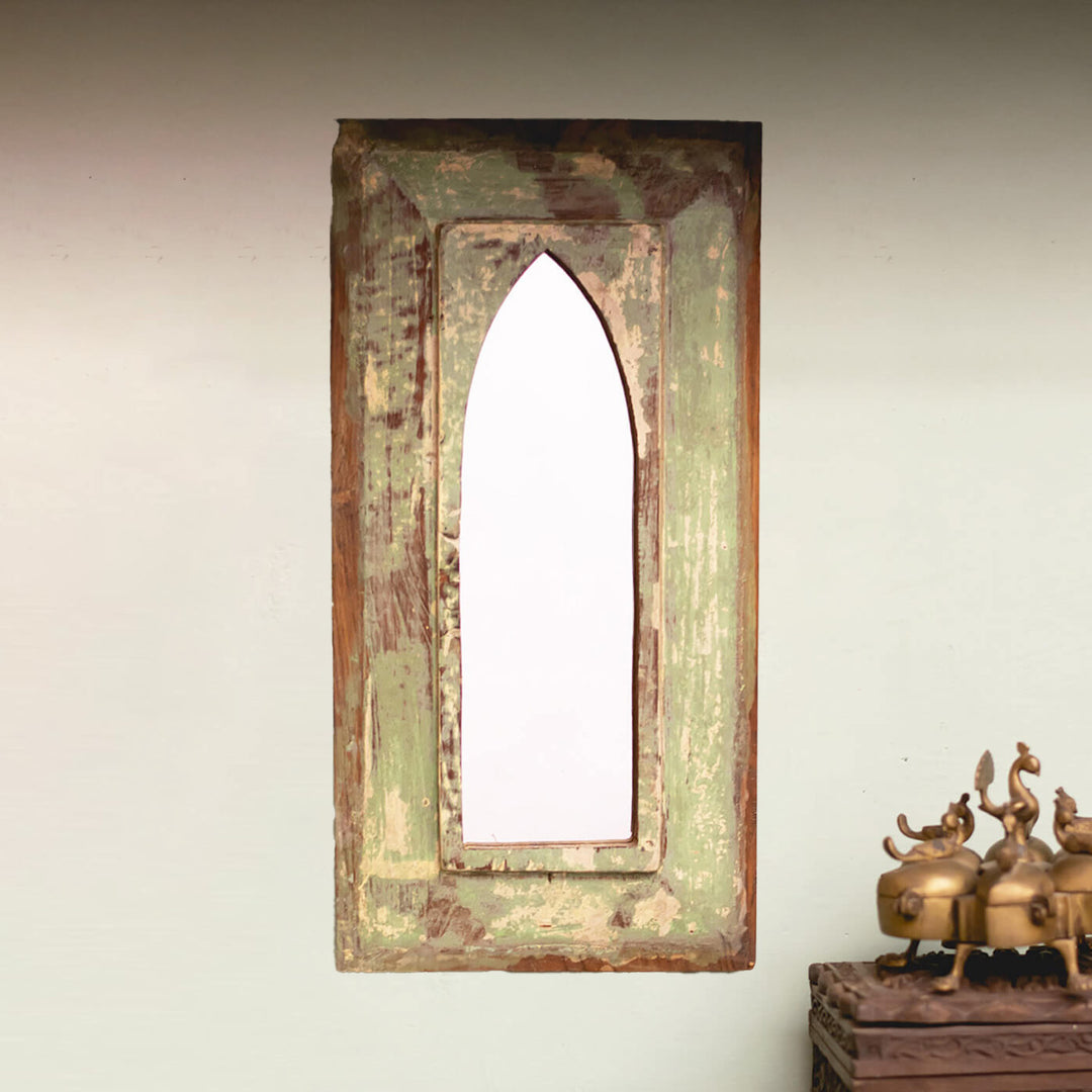 Handpainted Antique Mirror with Vintage Wooden Frame - Pista Beige