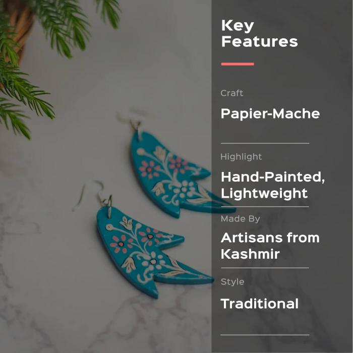 Paper Mache Earrings - Blue Leaf - Zwende