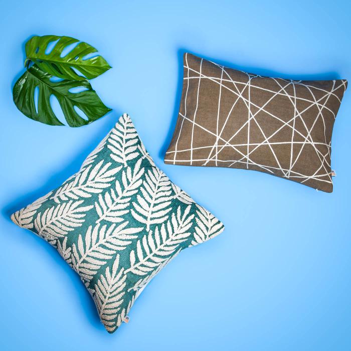Square & Rectangle Cushion Covers (Set of 2) - Emerald Leave & Brown Line Jaal